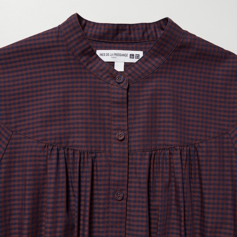 Uniqlo Bomull Twill Checked Volume Sleeve Long Kjole Dame Brune | 1572-AOQPN