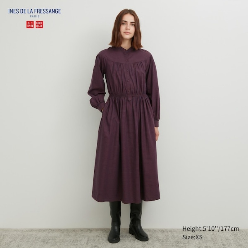 Uniqlo Bomull Twill Checked Volume Sleeve Long Kjole Dame Brune | 1572-AOQPN