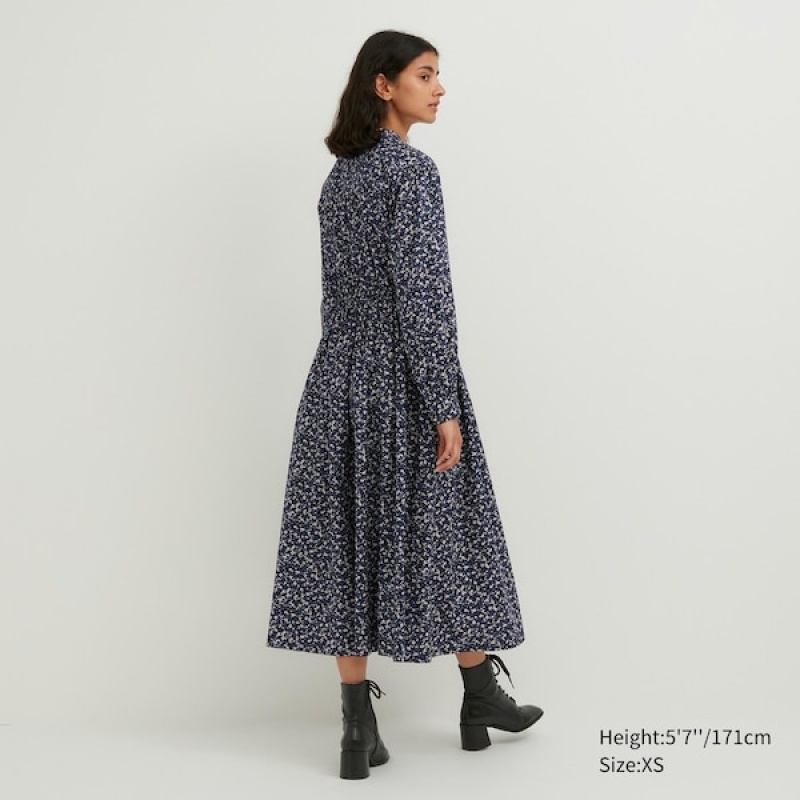 Uniqlo Bomull Twill Printed Volume Sleeve Long Kjole Dame Blå | 8671-YNPRE