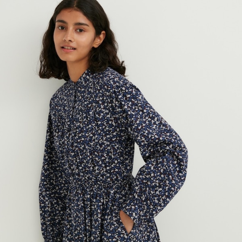 Uniqlo Bomull Twill Printed Volume Sleeve Long Kjole Dame Blå | 8671-YNPRE