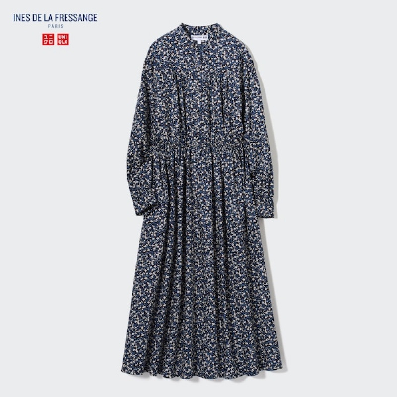 Uniqlo Bomull Twill Printed Volume Sleeve Long Kjole Dame Blå | 8671-YNPRE