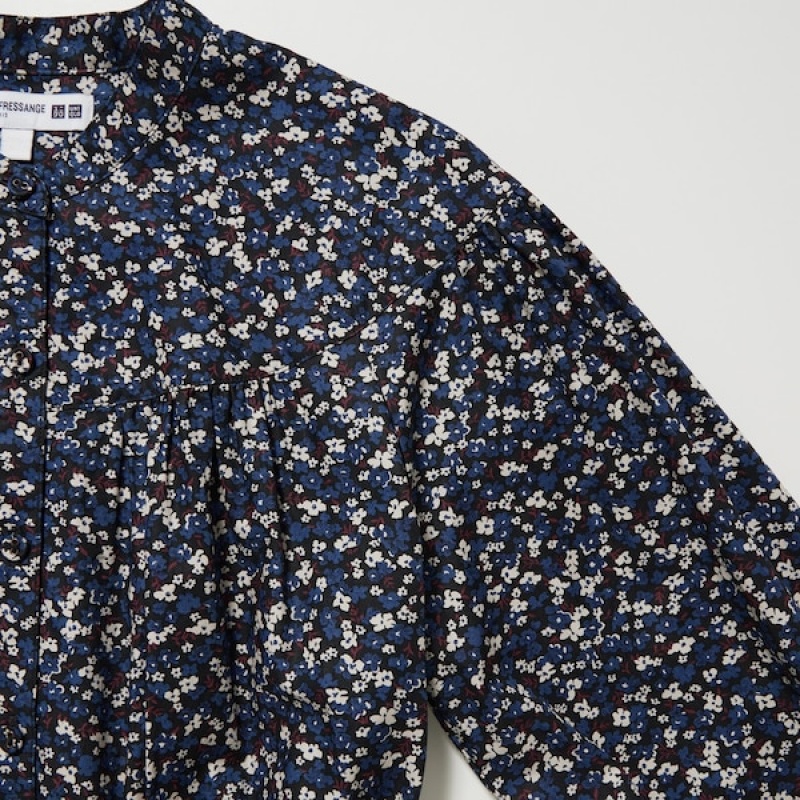 Uniqlo Bomull Twill Printed Volume Sleeve Long Kjole Dame Blå | 8671-YNPRE