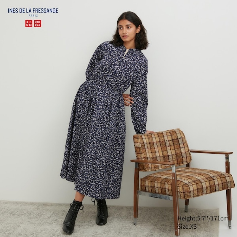 Uniqlo Bomull Twill Printed Volume Sleeve Long Kjole Dame Blå | 8671-YNPRE