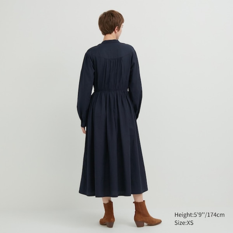 Uniqlo Bomull Twill Volume Sleeve Long Kjole Dame Marineblå | 0958-BIMTV