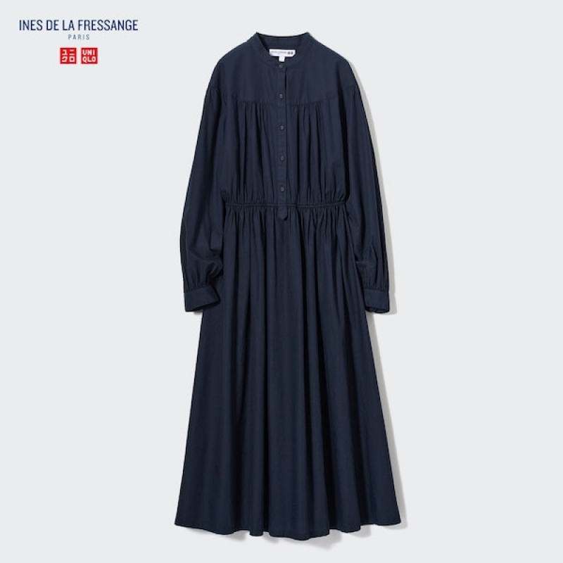 Uniqlo Bomull Twill Volume Sleeve Long Kjole Dame Marineblå | 0958-BIMTV