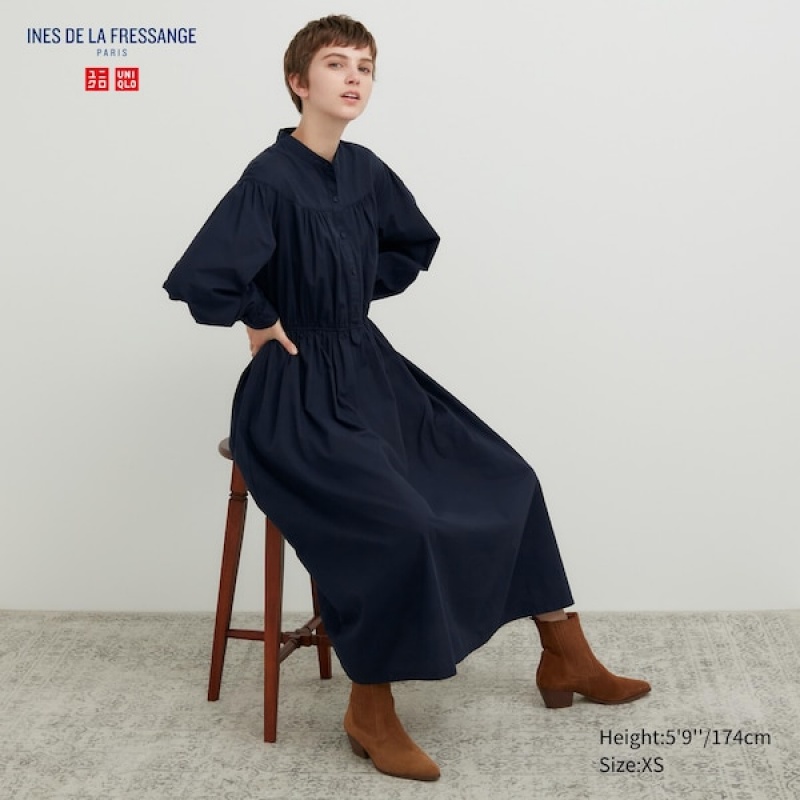 Uniqlo Bomull Twill Volume Sleeve Long Kjole Dame Marineblå | 0958-BIMTV