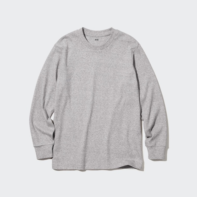 Uniqlo Brushed Bomull Crew Neck Long-Sleeve T-skjorte Herre Grå | 6509-EUYNP