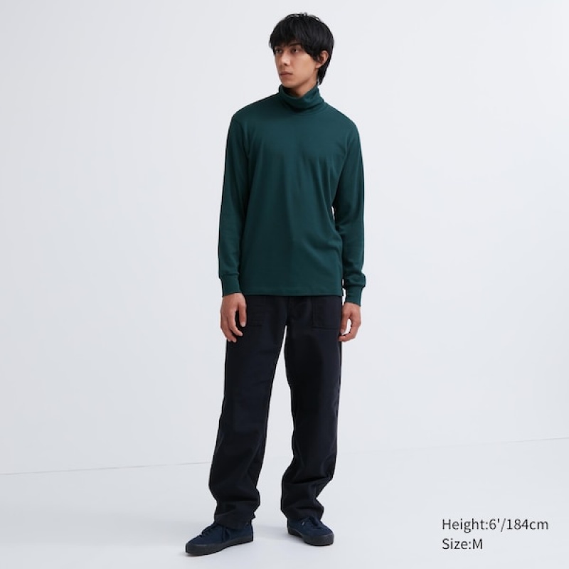 Uniqlo Brushed Bomull Turtleneck Long-Sleeve T-skjorte Herre Mørke Grønn | 4536-LNUMI