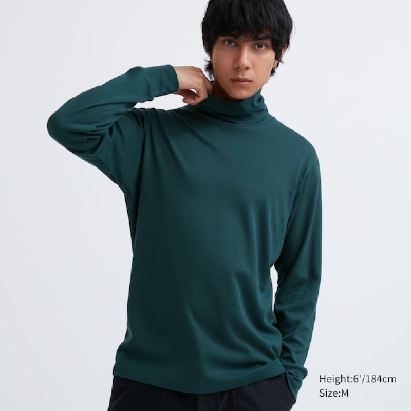 Uniqlo Brushed Bomull Turtleneck Long-Sleeve T-skjorte Herre Mørke Grønn | 4536-LNUMI