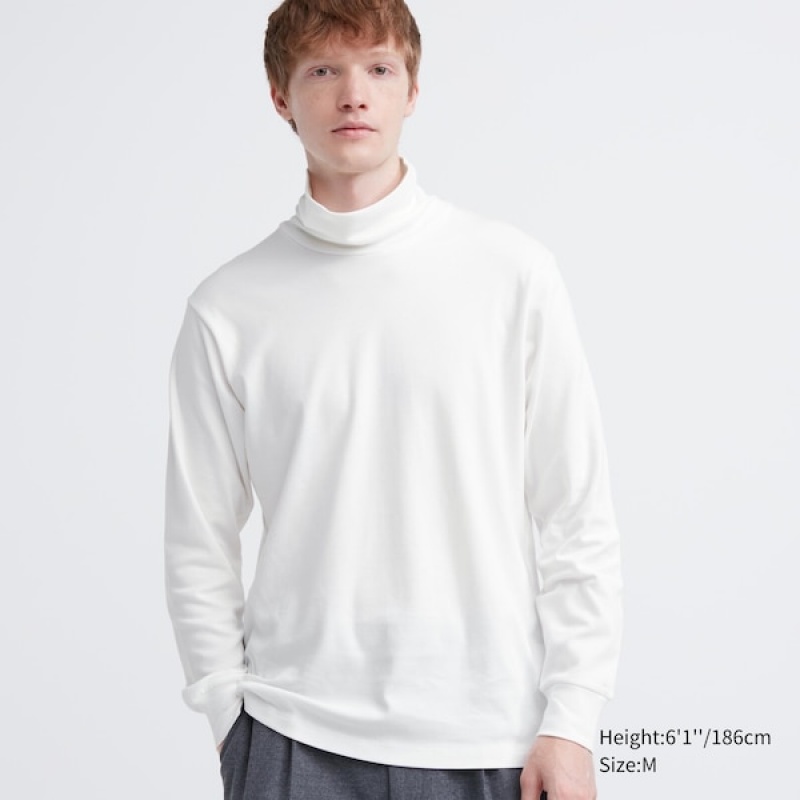 Uniqlo Brushed Bomull Turtleneck Long-Sleeve T-skjorte Herre Hvite | 7430-MFTBR