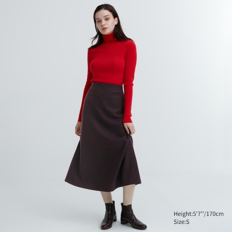 Uniqlo Brushed Jersey Flared Skjørt Dame Burgunder | 7502-GKLIE