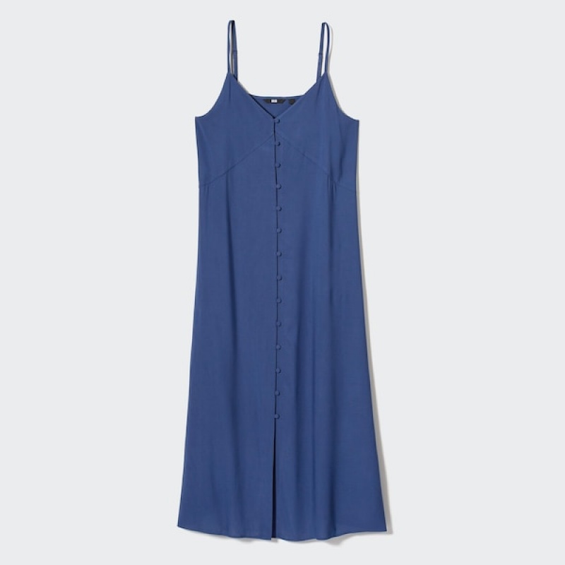 Uniqlo Button Down Camisole Flare Kjole Dame Blå | 1753-XAKBC