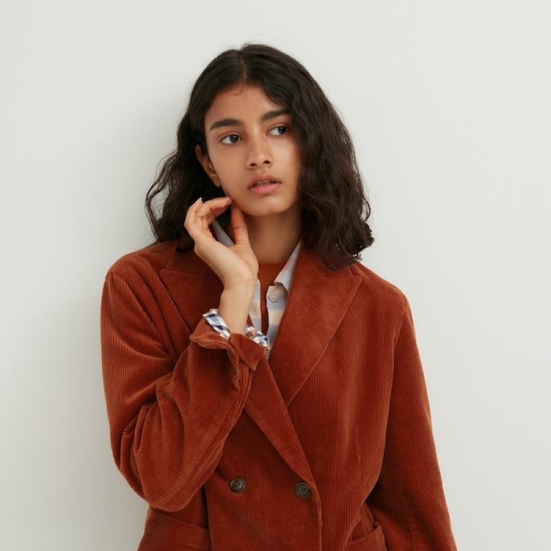 Uniqlo Corduroy Double-Breasted jackets Dame Brune | 6215-DGLWU