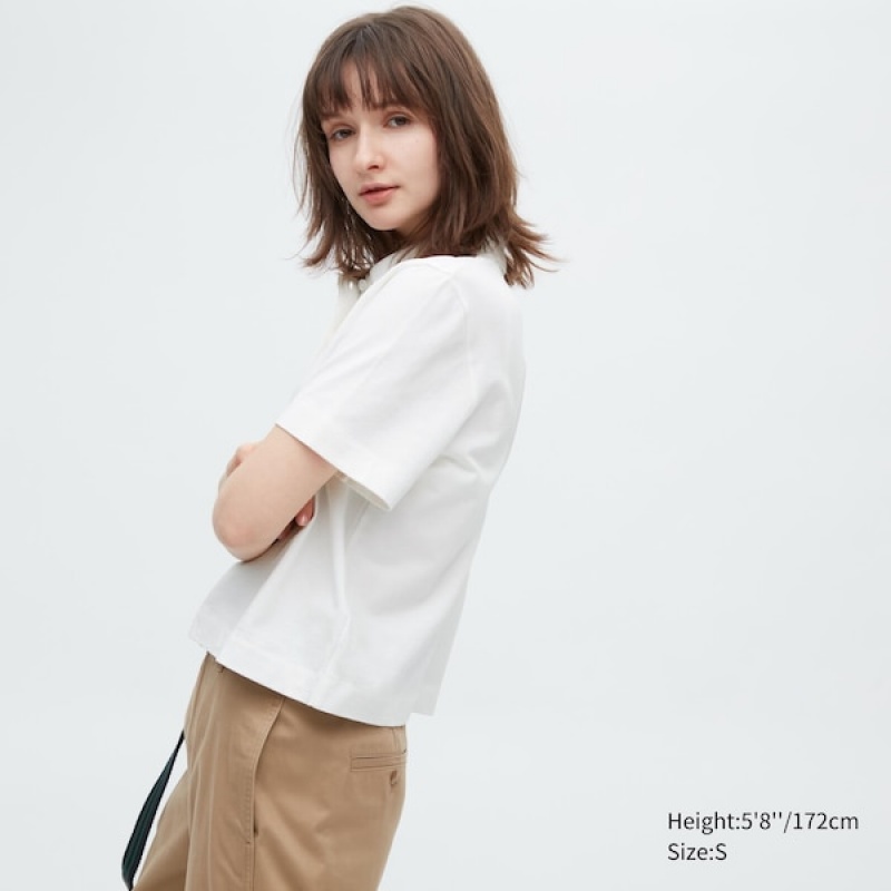 Uniqlo Cropped Relaxed Kort-Sleeve Polo Skjorte Dame Hvite | 8465-MOWTC