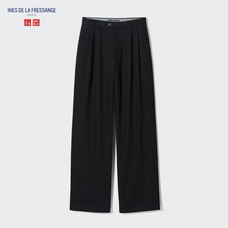 Uniqlo Denim Brede-Fit Plissert Bukse Dame Svarte | 1059-RHQJU