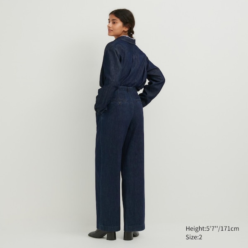 Uniqlo Denim Brede-Fit Plissert Bukse Dame Marineblå | 3506-LVPSB