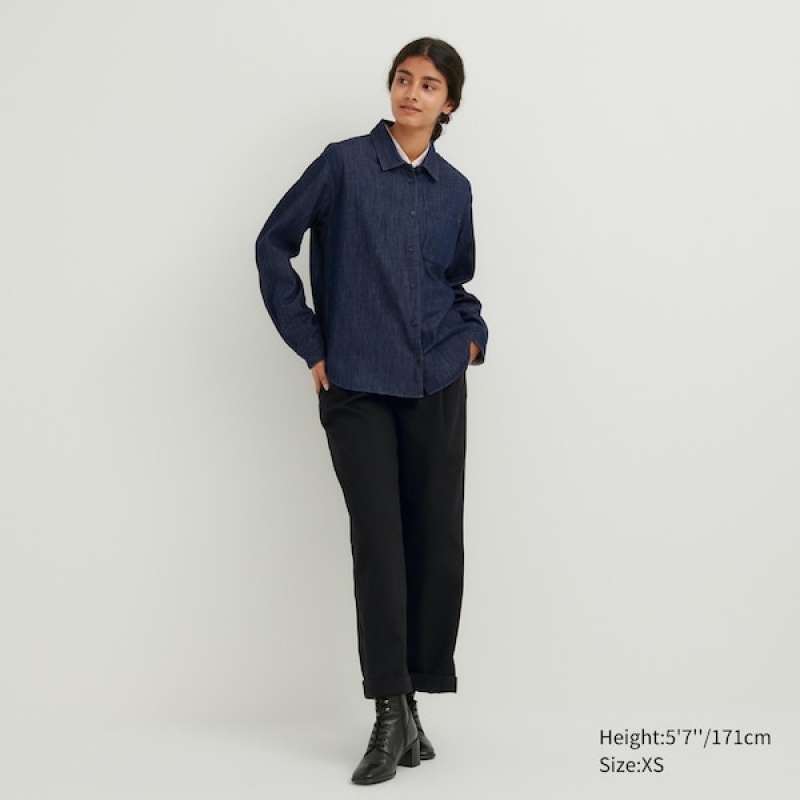 Uniqlo Denim Long-Sleeve Skjorte Dame Marineblå | 0592-LDWEA