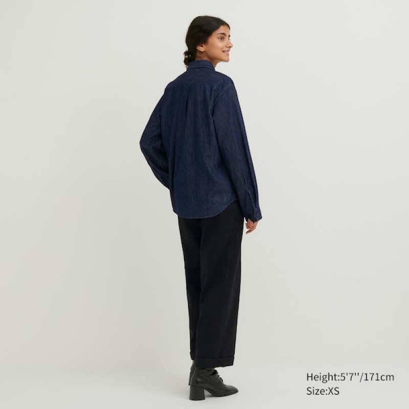 Uniqlo Denim Long-Sleeve Skjorte Dame Marineblå | 0592-LDWEA