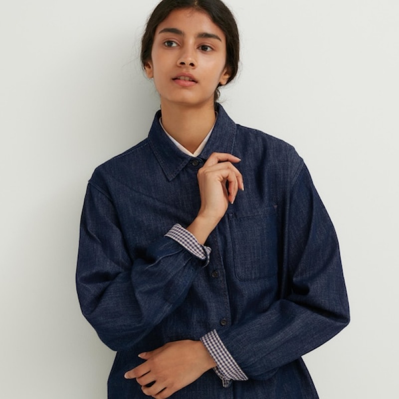 Uniqlo Denim Long-Sleeve Skjorte Dame Marineblå | 0592-LDWEA