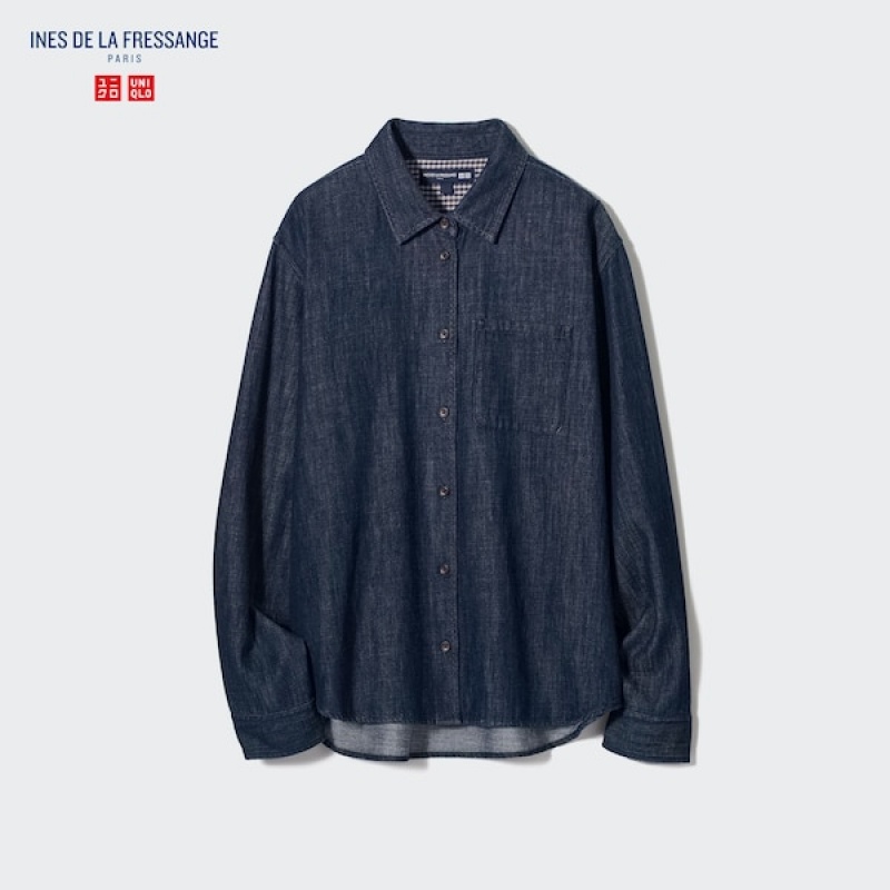 Uniqlo Denim Long-Sleeve Skjorte Dame Marineblå | 0592-LDWEA