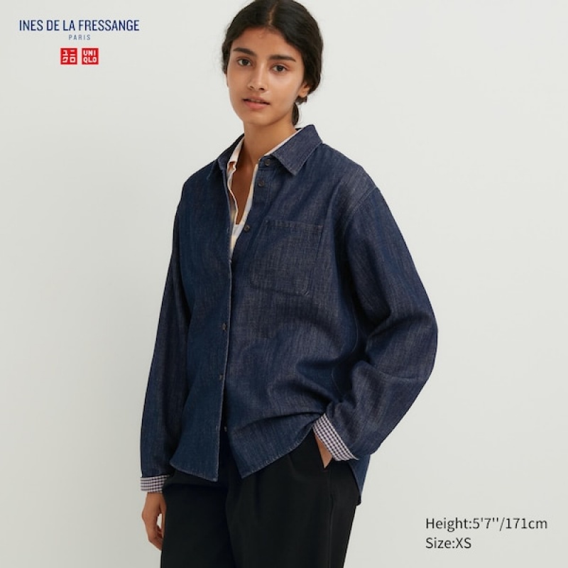 Uniqlo Denim Long-Sleeve Skjorte Dame Marineblå | 0592-LDWEA