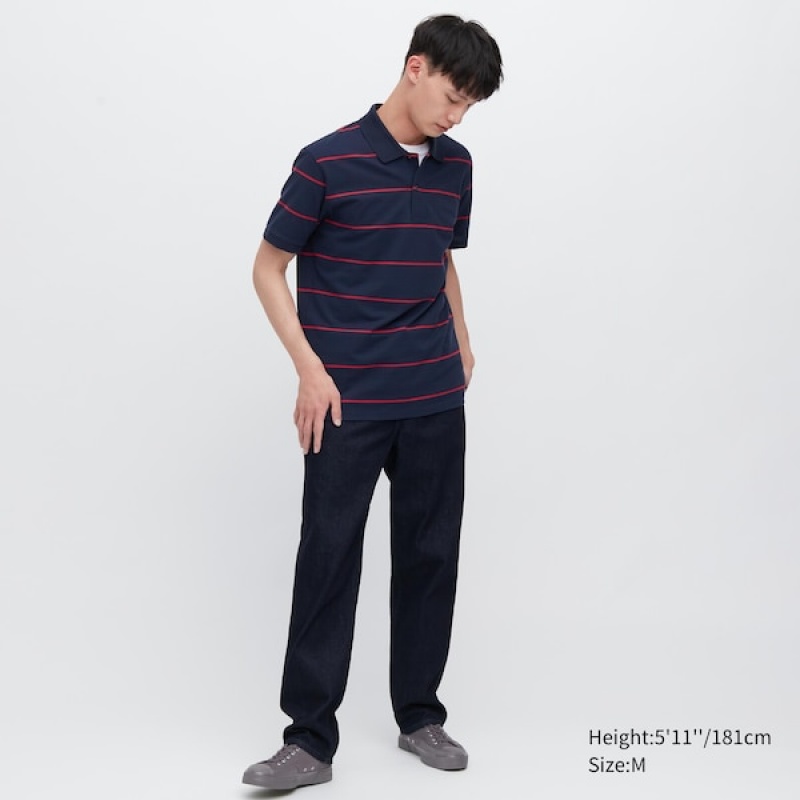 Uniqlo Dry Pique Stripete Kort-Sleeve Polo Skjorte Herre Marineblå | 2409-YCGLE