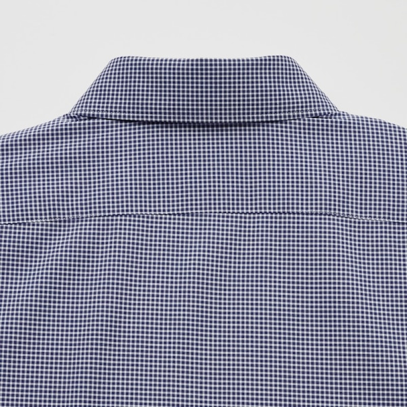 Uniqlo Easy Care Checked Stretch Slim-Fit Long-Sleeve Skjorte Herre Marineblå | 8436-UCAWL