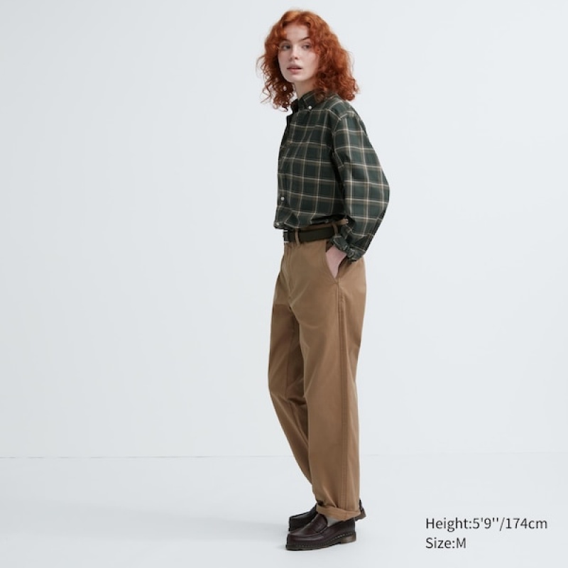 Uniqlo Extra Fine Bomull Broadcloth Checked Long-Sleeve Skjorte Dame Olivengrønne | 6029-JQRWI