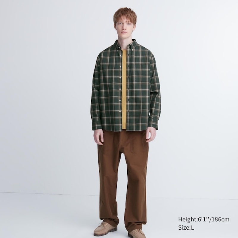 Uniqlo Extra Fine Bomull Broadcloth Checked Long-Sleeve Skjorte Dame Olivengrønne | 6029-JQRWI