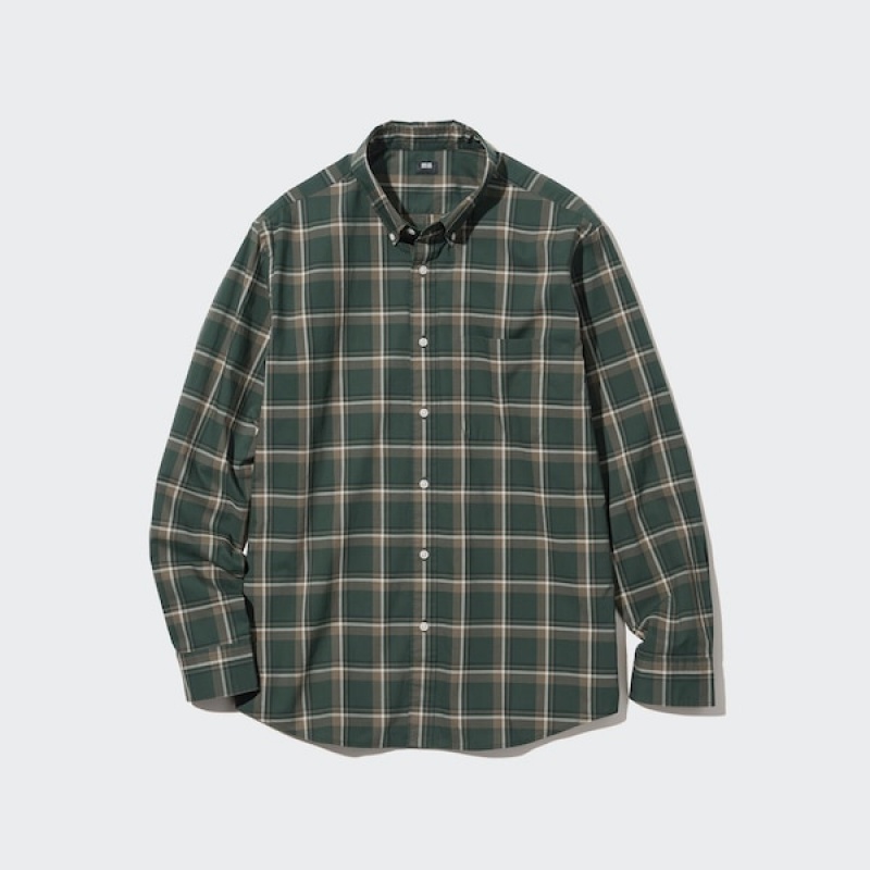 Uniqlo Extra Fine Bomull Broadcloth Checked Long-Sleeve Skjorte Dame Olivengrønne | 6029-JQRWI