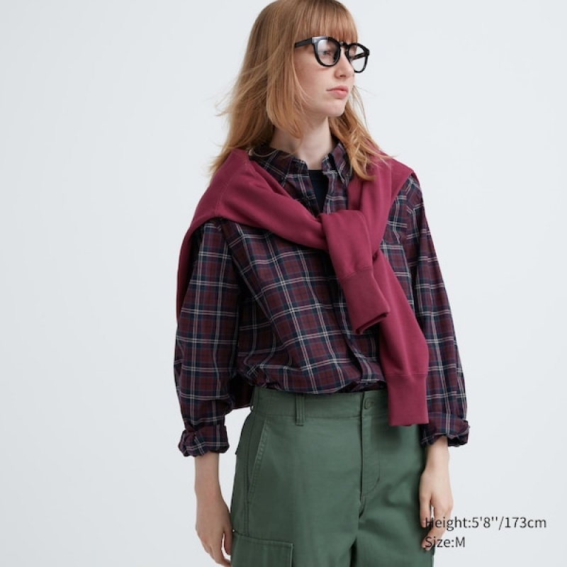 Uniqlo Extra Fine Bomull Broadcloth Checked Long-Sleeve Skjorte Dame Burgunder | 0678-UGTAM