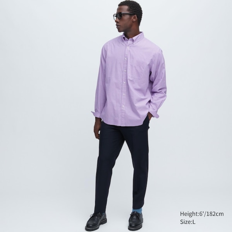 Uniqlo Extra Fine Bomull Broadcloth Checkered Long-Sleeve Skjorte Herre Lilla | 8605-FTXNB