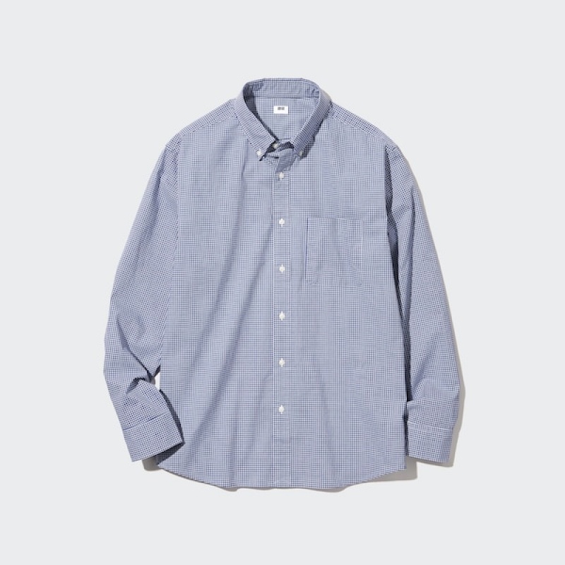 Uniqlo Extra Fine Bomull Broadcloth Checked Long-Sleeve Skjorte Herre Blå | 0623-PVLSA