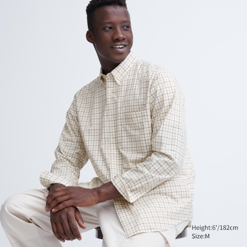 Uniqlo Extra Fine Bomull Broadcloth Checked Long-Sleeve Skjorte Herre Hvite | 8172-TSVUK