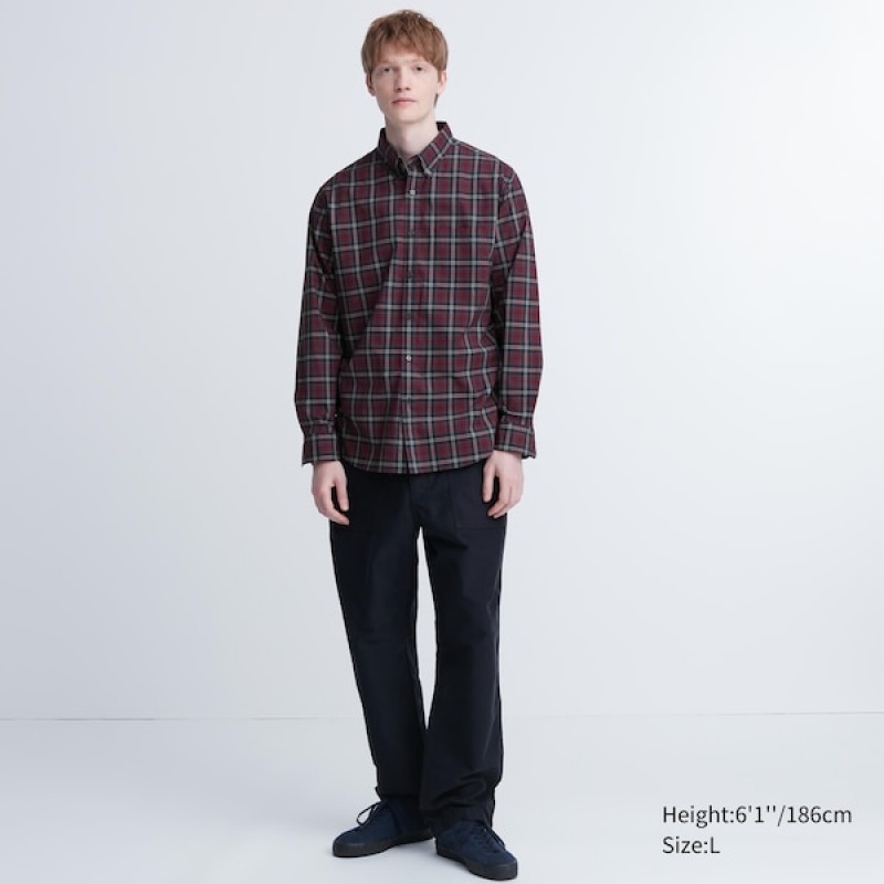 Uniqlo Extra Fine Bomull Broadcloth Checked Long-Sleeve Skjorte Herre Burgunder | 9014-UAIET