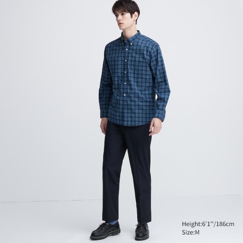 Uniqlo Extra Fine Bomull Broadcloth Checked Long-Sleeve Skjorte Herre Blå | 2841-EFZGH