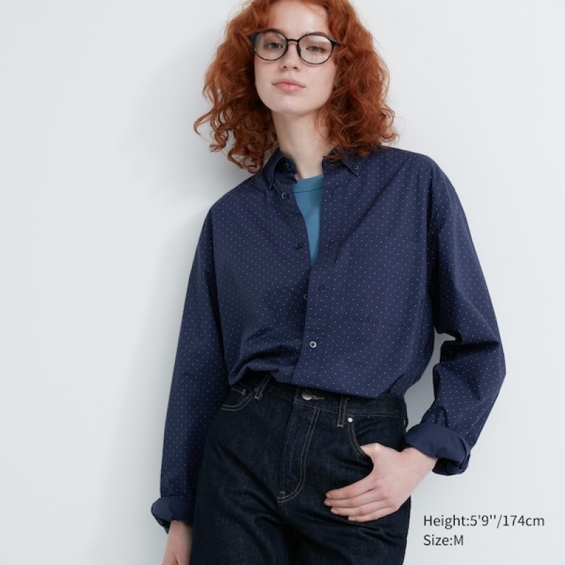 Uniqlo Extra Fine Bomull Broadcloth Dotted Long-Sleeve Skjorte Dame Blå | 5461-JKDSC