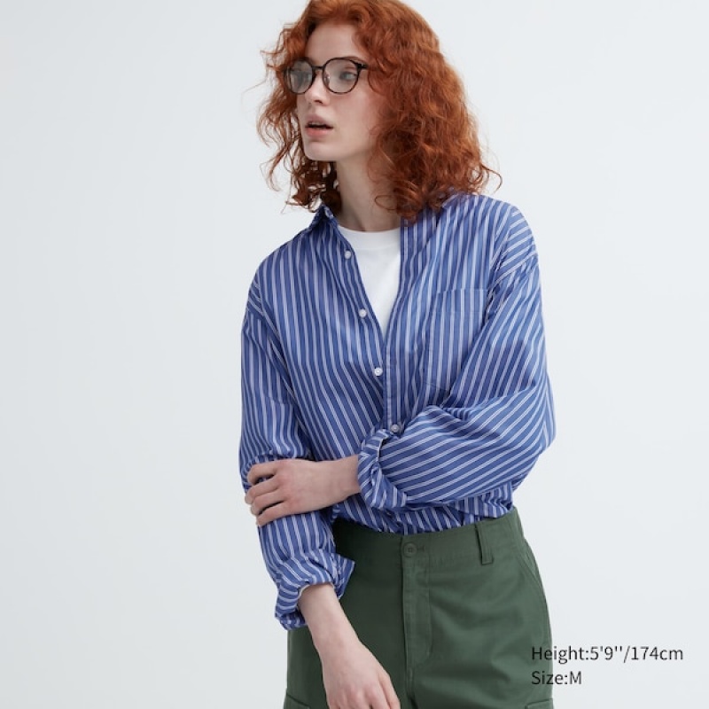 Uniqlo Extra Fine Bomull Broadcloth Long-Sleeve Skjorte Dame Blå | 4120-JYKFL