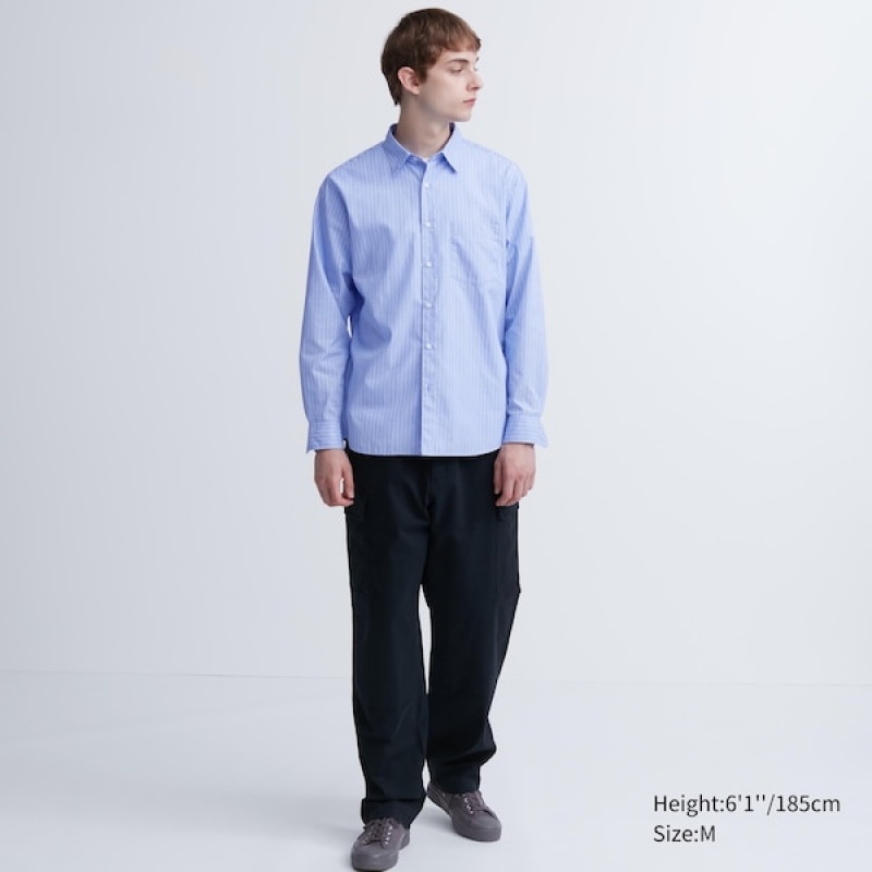 Uniqlo Extra Fine Bomull Broadcloth Stripete Long-Sleeve Skjorte Herre Blå | 2815-NKRVE