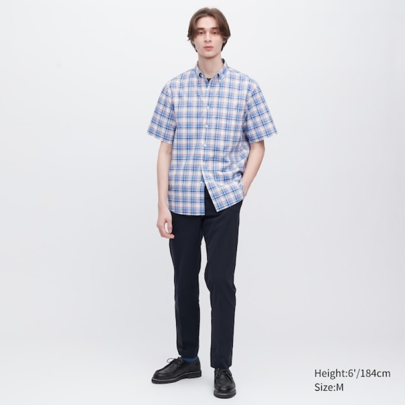 Uniqlo Extra Fine Bomull Kort-Sleeve Skjorte Herre Blå | 3708-NWYHA