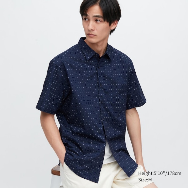 Uniqlo Extra Fine Bomull Kort-Sleeve Skjorte Herre Marineblå | 5190-OUCVR