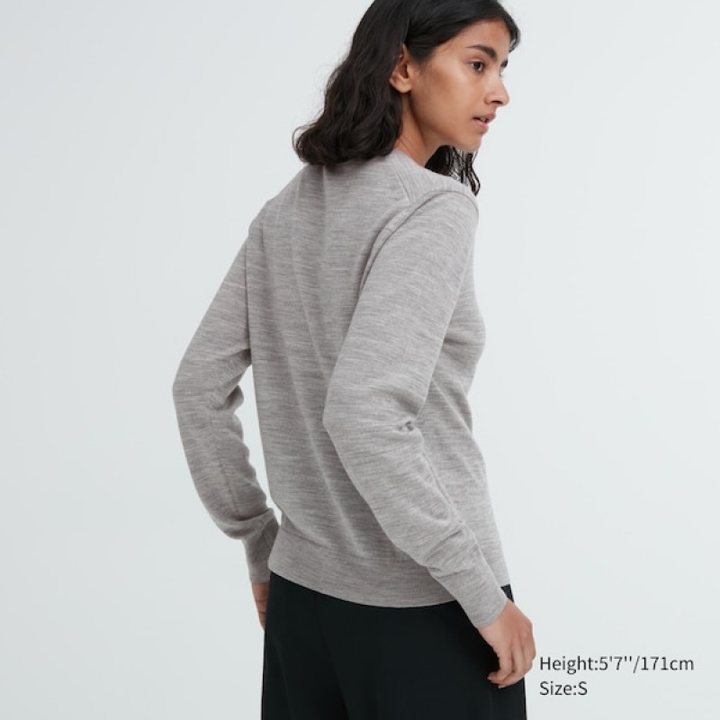 Uniqlo Extra Fine Merino Crew Neck Cardigan Dame Grå | 7214-EYIQV