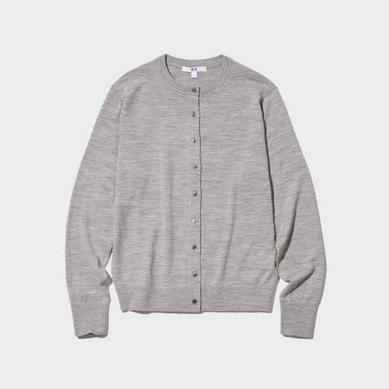 Uniqlo Extra Fine Merino Crew Neck Cardigan Dame Grå | 7214-EYIQV