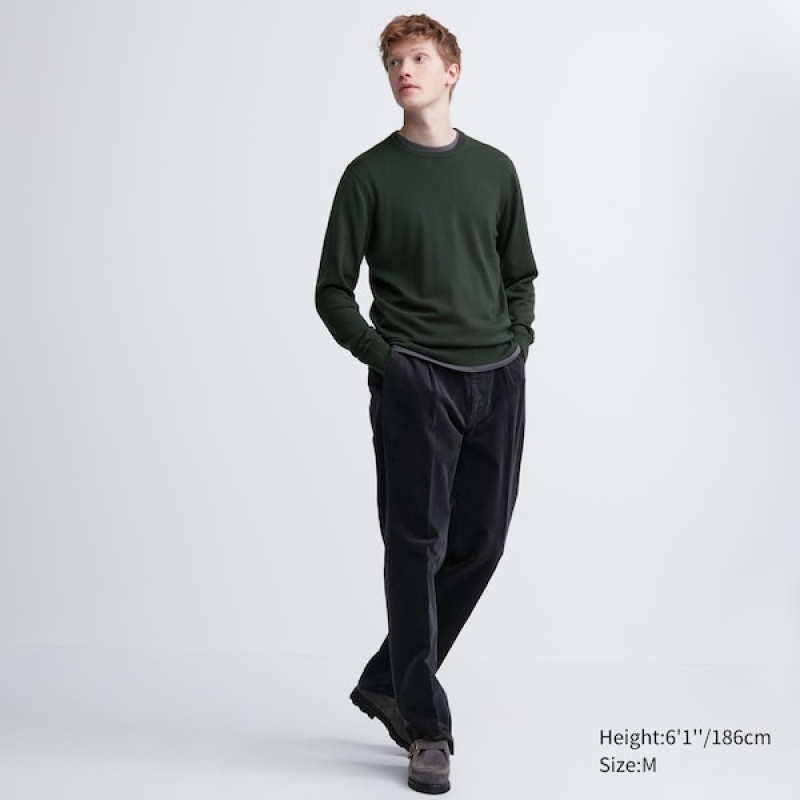 Uniqlo Extra Fine Merino Crew Neck Gensere Herre Grønn | 9245-KDQUF