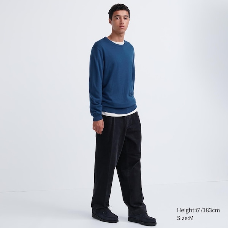 Uniqlo Extra Fine Merino Crew Neck Gensere Herre Blå | 6274-TMPQO