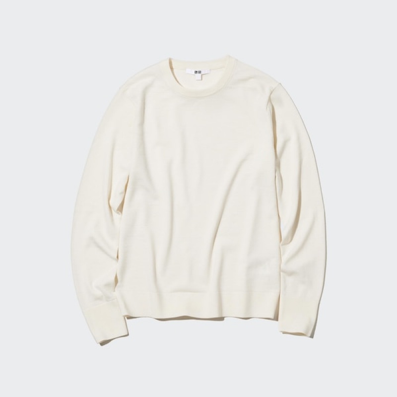 Uniqlo Extra Fine Merino Crew Neck Long-Sleeve Gensere Dame Hvite | 5241-OCZKW