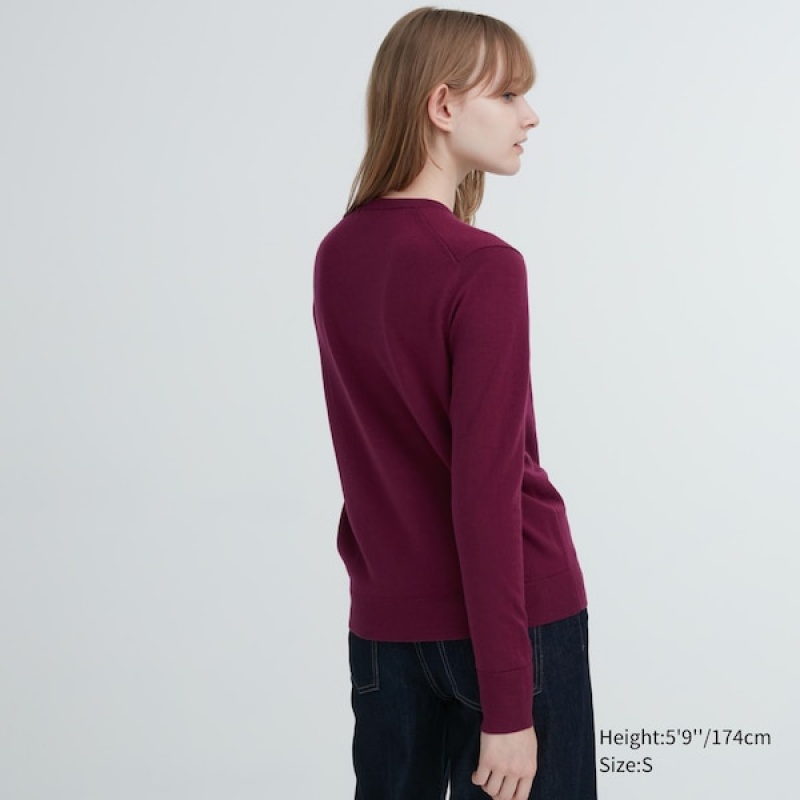 Uniqlo Extra Fine Merino Crew Neck Long-Sleeve Gensere Dame Burgunder | 1395-SKLRM