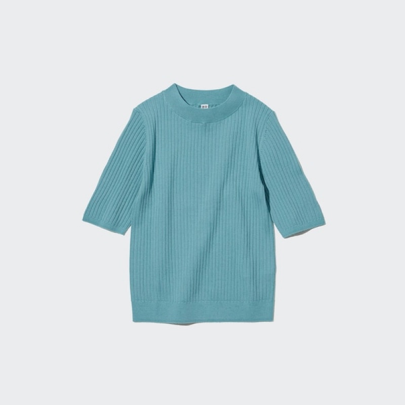 Uniqlo Extra Fine Merino Ribbet Half-Sleeve Kort Gensere Dame Grønn | 8967-HRCLG