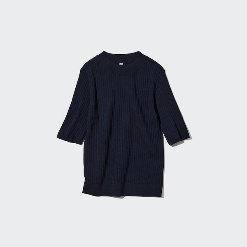 Uniqlo Extra Fine Merino Ribbet Half-Sleeve Kort Gensere Dame Marineblå | 3269-VSYKN