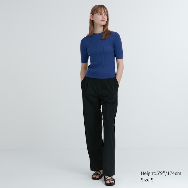 Uniqlo Extra Fine Merino Ribbet Mock Neck Half-Sleeve Gensere Dame Blå | 6824-APWZM